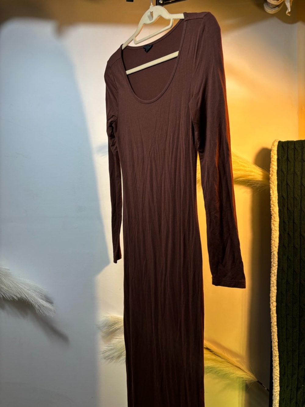 (#165) SHEIN Brown Long Sleeve Scoop Neck Maxi Dress